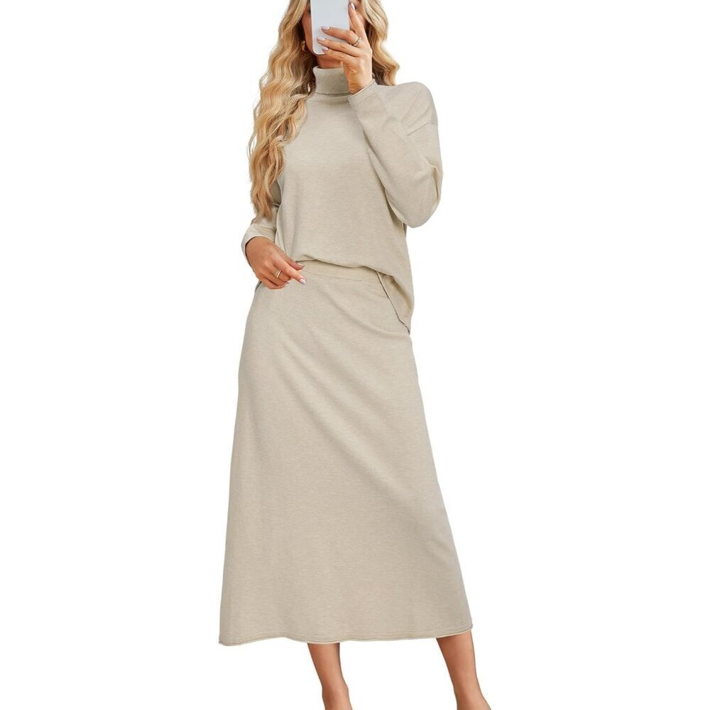Women's Knit Sweater & Maxi Skirt Set Apricot Size M Casual Fall